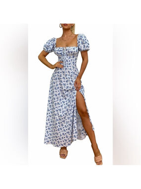 NEW Puff Sleeve Floral Split Maxi Flowy A Line Beach Dress L $59
